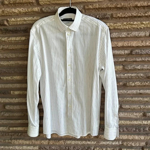 Dolce & Gabbana White with Subtle Brown Stripe Spread Collar Dress Shirt - Picture 7 of 8